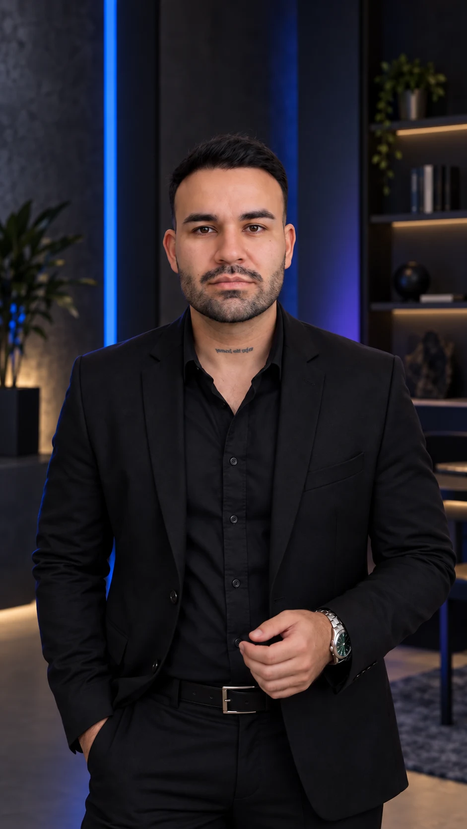 Maurício Noel de terno preto em um ambiente com iluminação azul